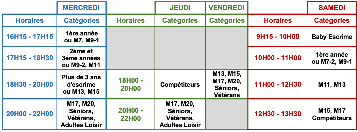 Tableau des horaires